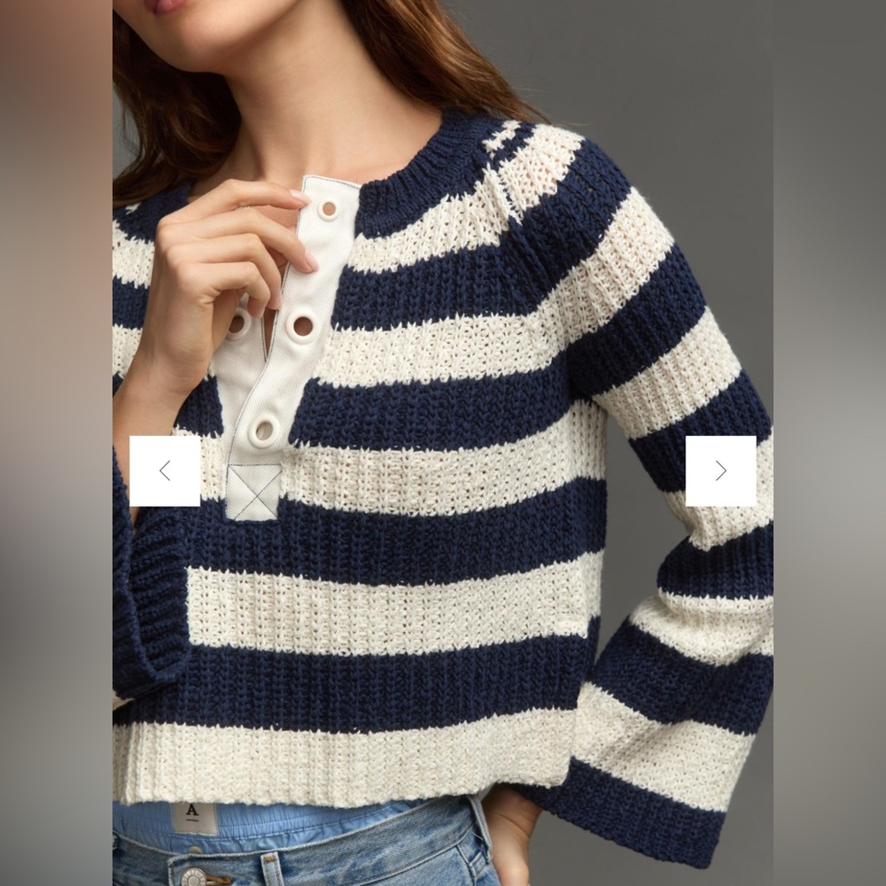 Pilcro Bell-Sleeve Henley Sweater Striped Navy Blue Cream size XXS - Picture 5 of 12